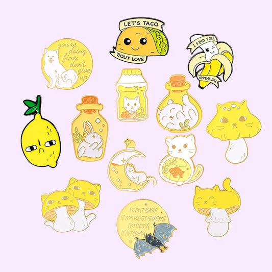 Mushroom Enamel Pins Moon Bunny Cat Brooches Cute Cartoon Lapel Pin Jewelry Wholesale