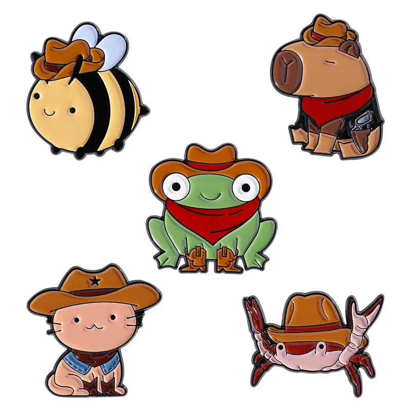 Cool Animal Enamel Pins: Cowboy Hat Duck, Capybara, Frog, Cat Brooches - Funny Jewelry Gifts
