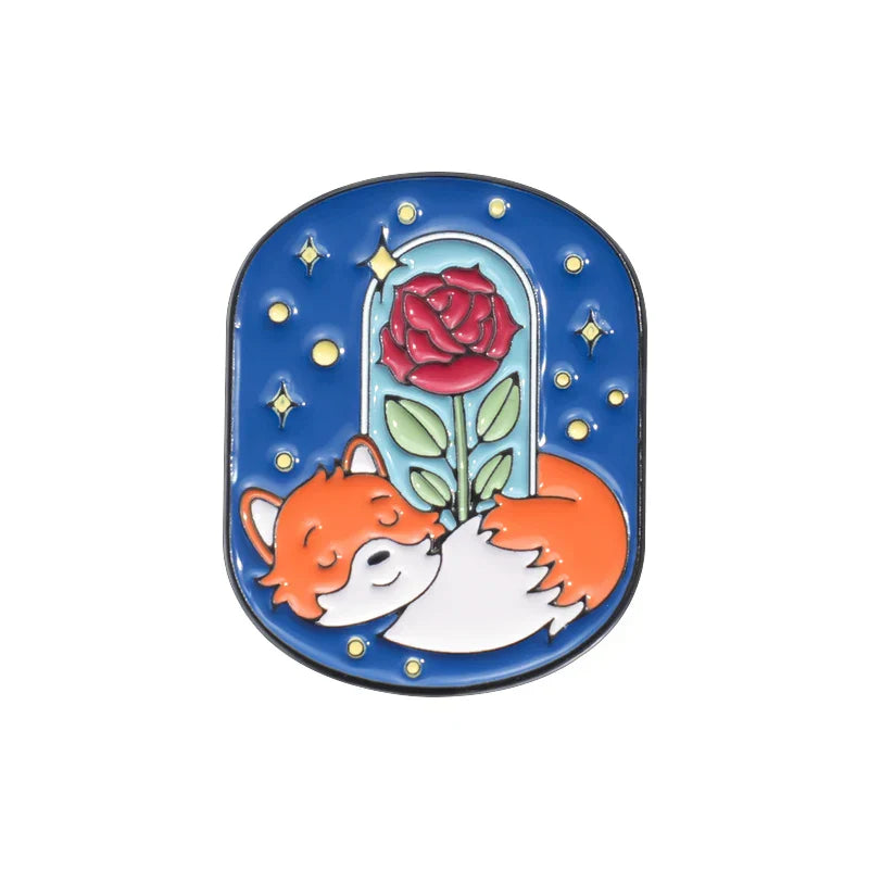 Fox Rose Enamel Pins Cartoon Brooches Lapel Badge Jewelry Gifts for Kids Friends