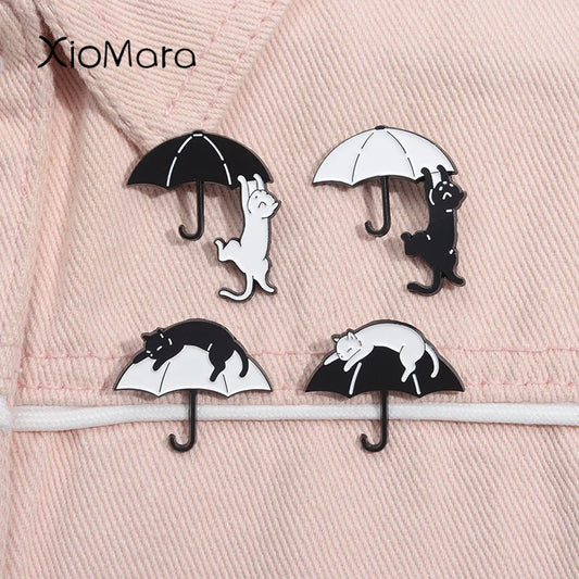 Cartoon Cat Umbrella Enamel Pin Funny Animal Brooch Lapel Badge Jewelry Gift