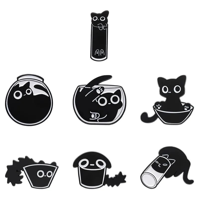 Cute Cat Enamel Pins Set - Black Kitten Brooches Lapel Badges Cartoon Animal Jewelry Gift