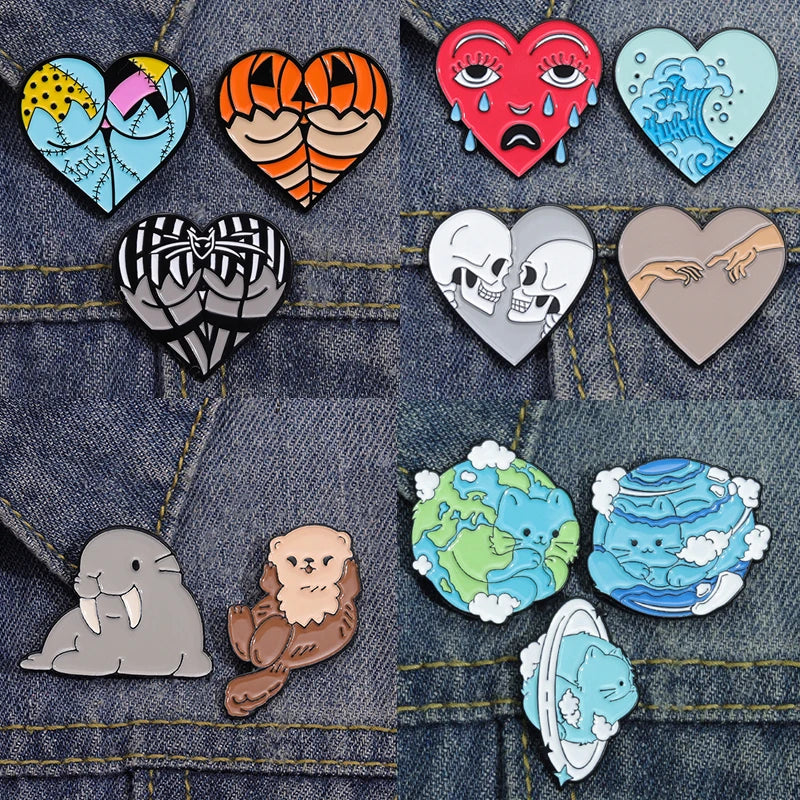 Heart Skull Enamel Pin Set: Punk Halloween Whale Hippo Dolphin Fruit Lapel Jewelry