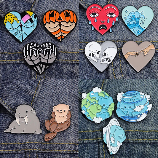 Heart Skull Enamel Pin Set: Punk Halloween Whale Hippo Dolphin Fruit Lapel Jewelry