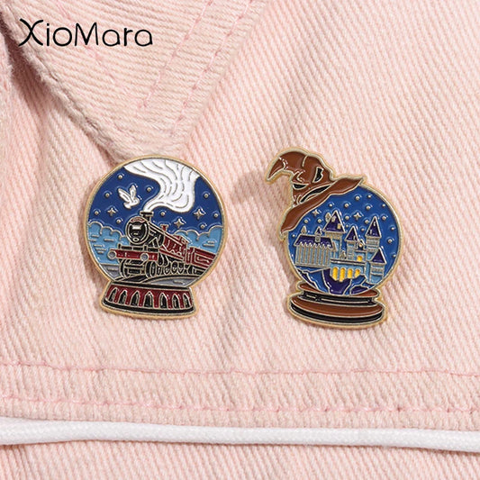 Christmas Crystal Ball Enamel Pin Cartoon Castle Train Wizard Hat Brooch Lapel Badge Jewelry Gifts