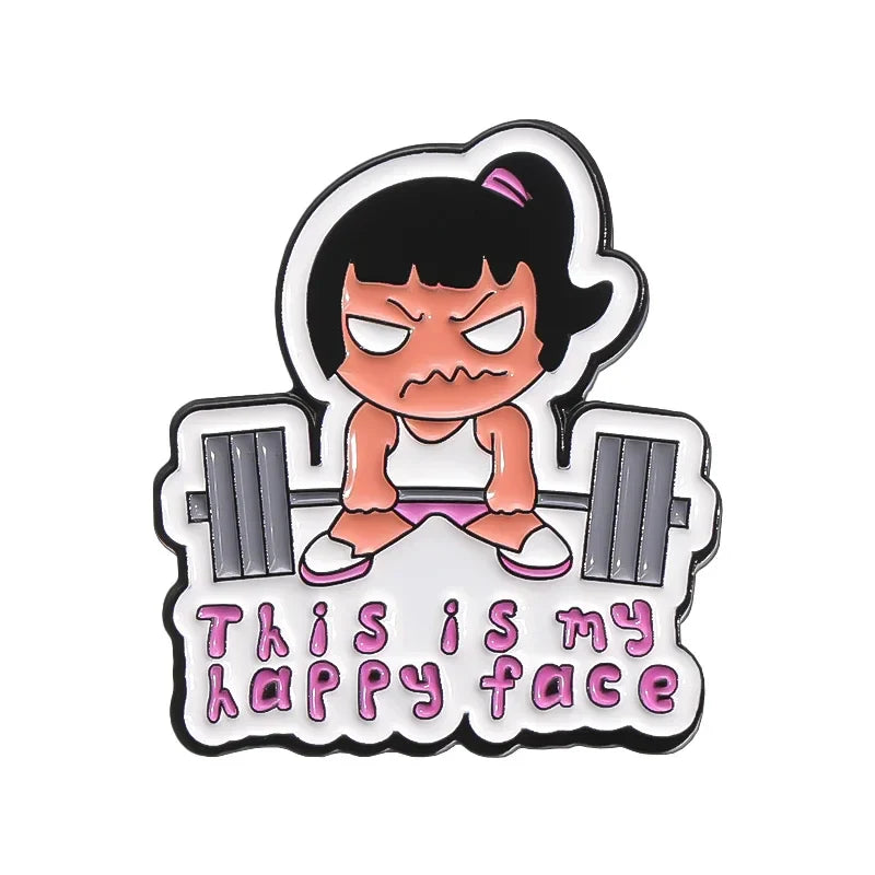 Happy Face Gym Brooch Enamel Pin Fitness Barbell Lapel Badge Gift