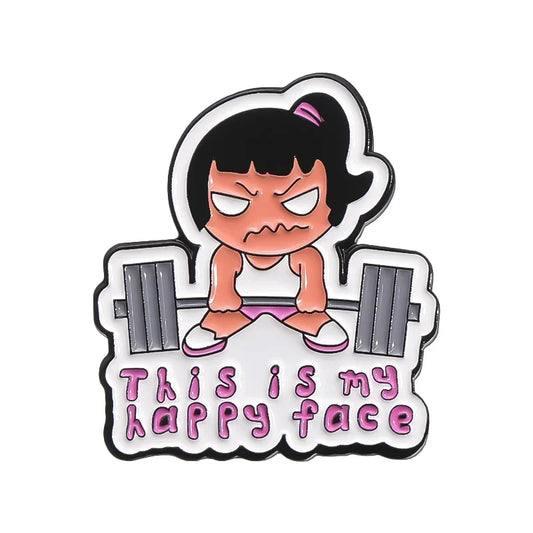 Happy Face Gym Brooch Enamel Pin Fitness Barbell Lapel Badge Gift