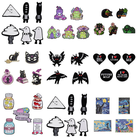 Black Cat Enamel Pin Set Halloween Witch Frog Ghost Lapel Accessories