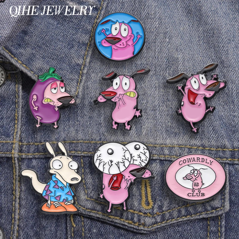 Courage Cowardly Dog Enamel Pin Cute Pink Brooch Lapel Badge Jewelry Gift