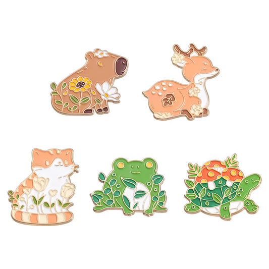 Cartoon Animal Enamel Pins: Capybara, Deer, Turtle, Cat, Frog, Plant Brooches Lapel Badges Jewelry Gift