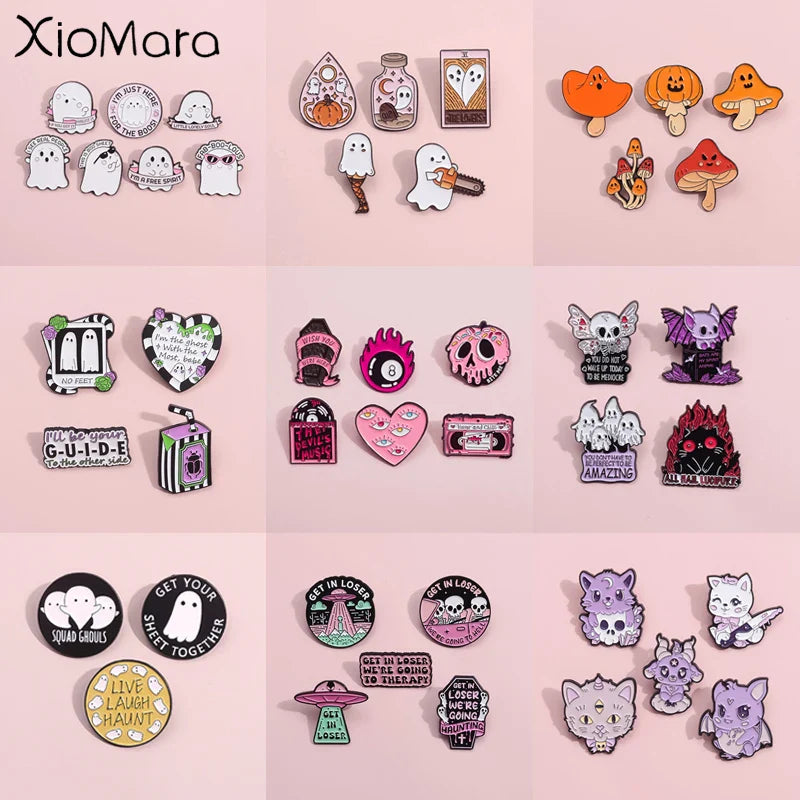 Halloween Enamel Pins Set: Ghost, Horror Movie Brooches, Lapel Badges, Gifts for Kids & Friends