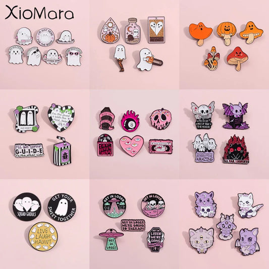 Halloween Enamel Pins Set: Ghost, Horror Movie Brooches, Lapel Badges, Gifts for Kids & Friends