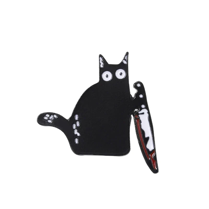 Cat Enamel Pin Black White Tail Dagger Brooch Lapel Gothic Badge Jewelry Gift
