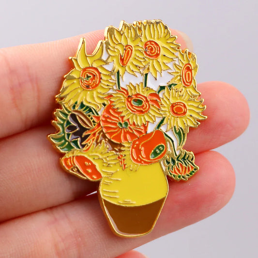 Van Gogh Sunflower Enamel Pins Brooches for Kids Clothing Backpack Lapel Badges Jewelry Gifts
