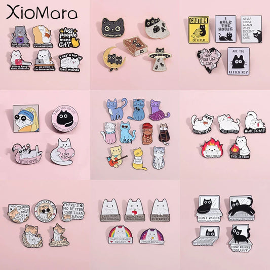 Cartoon Cat Enamel Pins Set Van Gogh Oil Painting Brooches Lapel Backpack Badge Jewelry Gift