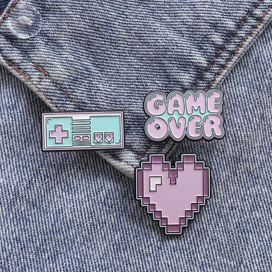 Pink Heart Game Over Enamel Pin Badge Brooch Jewelry Gift