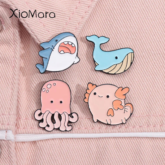 Cute Sea Animal Enamel Pins: Jellyfish, Mantaray, Shark, Seahorse, Axolotl Brooch Badge