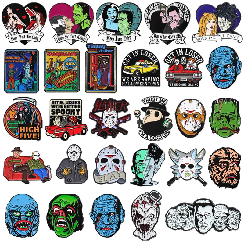 Halloween Horror Enamel Pins: Killer, Grim Reaper, Ghost Bride Brooches