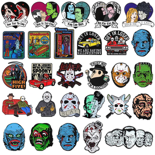 Halloween Horror Enamel Pins: Killer, Grim Reaper, Ghost Bride Brooches