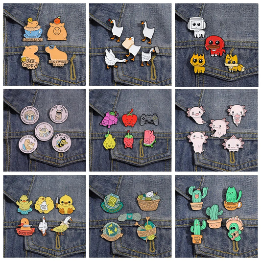 Animal Enamel Pins Set: Cactus, Salamander, Capybara Brooches for Bags & Lapels