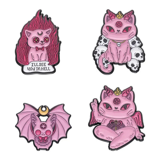 Cartoon Cat Pink Enamel Pin Skeleton Kitten Brooch Lapel Witch Badge Jewelry