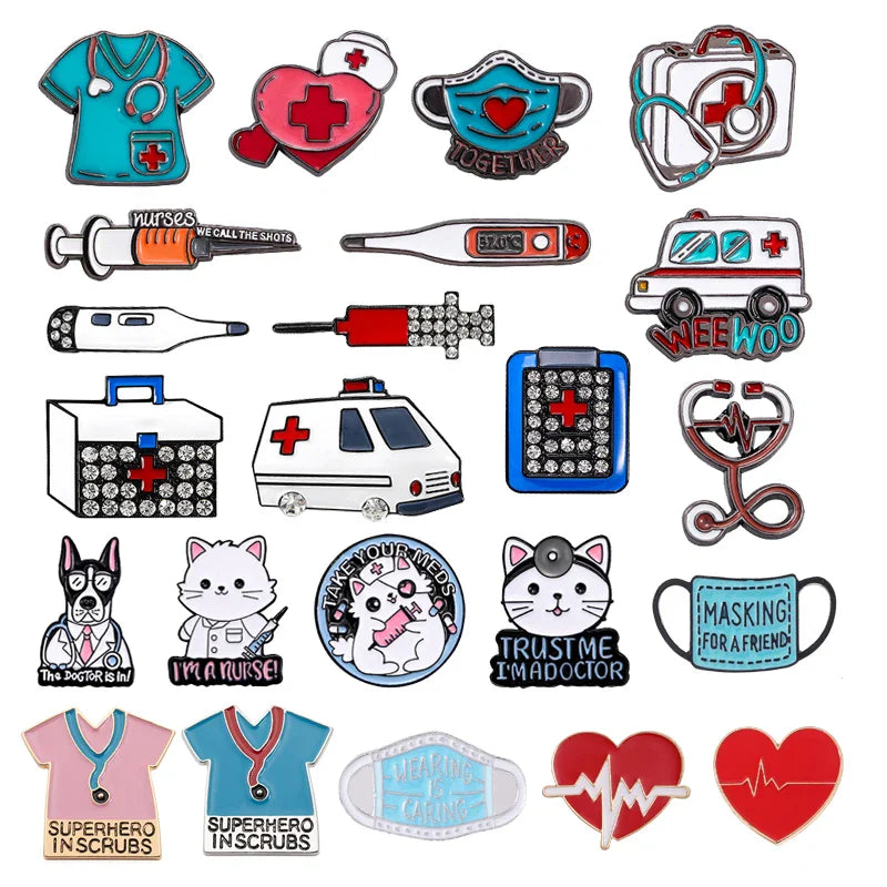 Cartoon Love Stethoscope Enamel Pins Syringe Ambulance Brooch Doctor Nurse Lapel Jewelry Gifts