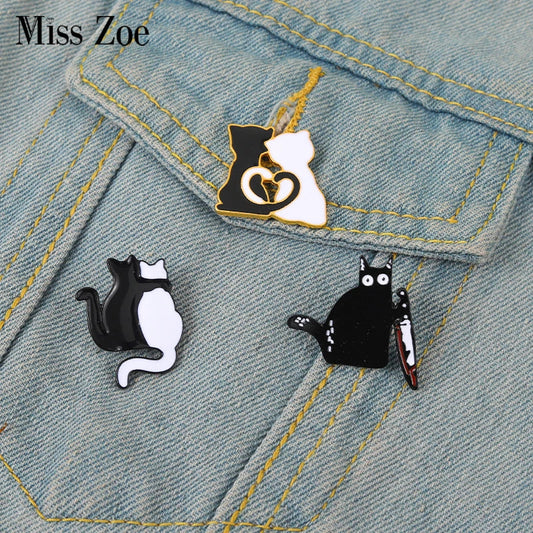 Cat Enamel Pin Black White Tail Dagger Brooch Lapel Gothic Badge Jewelry Gift