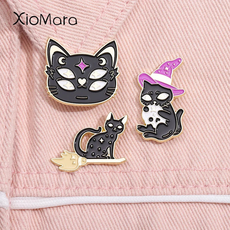 Witch Cat Enamel Pins Black Kitten Spell Book Gothic Brooch Halloween Gift