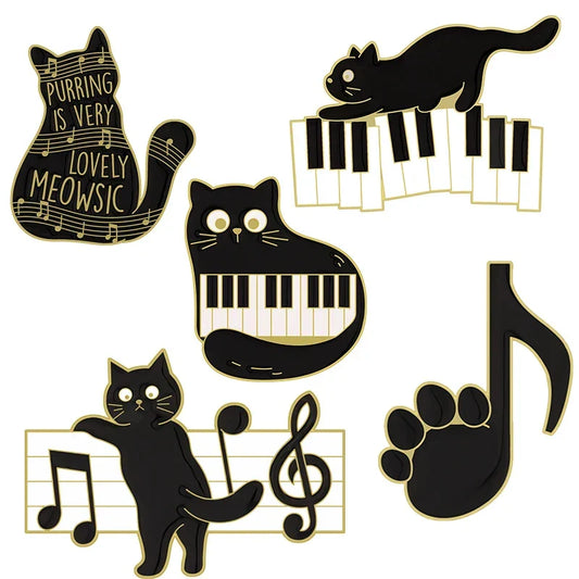 Black Cat Music Enamel Pin Piano Brooch Badge Gift Wholesale Accessories