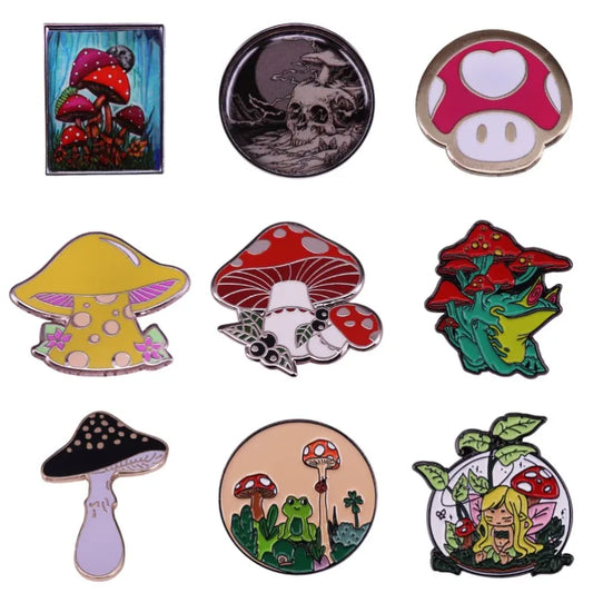 Cute Mushroom Enamel Pins Elf Frog Skeleton Cartoon Plant Lapel Badges Hat Jewelry Gift Wholesale
