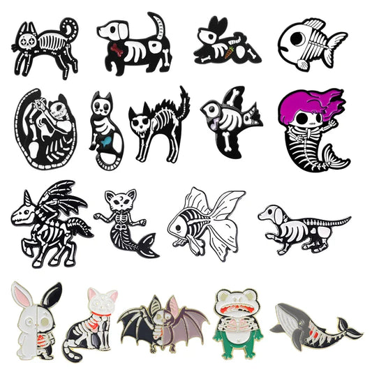 Cartoon Bird Rabbit Dog Skeleton Metal Enamel Brooch Punk Animal Lapel Pin Jewelry Gift