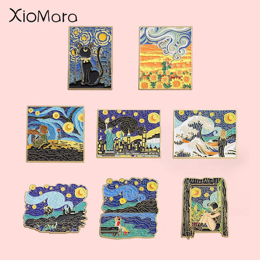 Van Gogh Starry Night Sunflower Cat Enamel Pins Brooches Lapel Badge Jewelry Gift