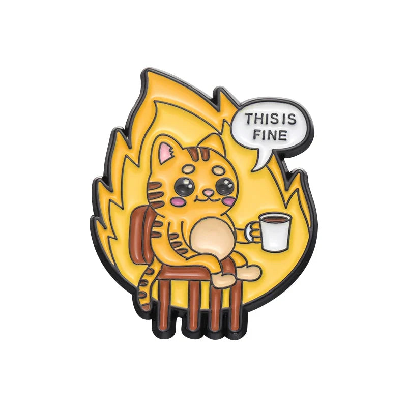 Flame Coffee Cat Enamel Pins Brooches Lapel Badges Cartoon Animal Jewelry Gift