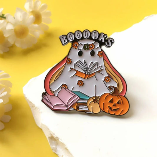 Halloween Ghost Pumpkin Books Enamel Pin Gift for Book Lovers