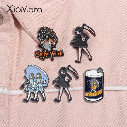Horror Enamel Pins Punk Twin Sisters Umbrella Brooch Lapel Badge Jewelry Wholesale