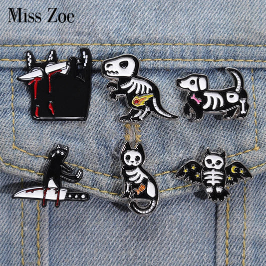 Animal Bone Enamel Pins: Dino, Dog, Owl, Cat Brooches, Black Kitten with Knife Lapel Badges, Jewelry Gift