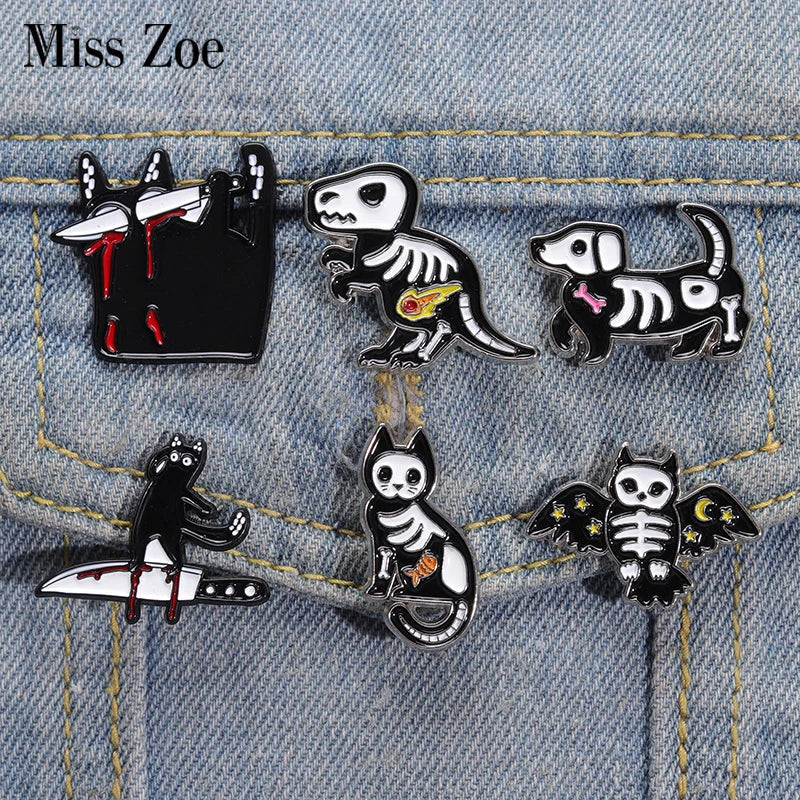 Animal Bone Enamel Pins: Dino, Dog, Owl, Cat Brooches, Black Kitten with Knife Jewelry Gift