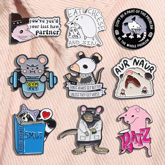 Cute Animal Enamel Pins: Pink Mouse, Opossum, Kawaii Raccoon Brooches for Kids & Friends