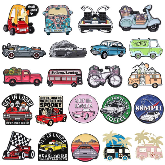 Cartoon Vehicle Enamel Pins: Sports Car, Racing Bike, Travel Bus Brooches Lapel Badge Gift