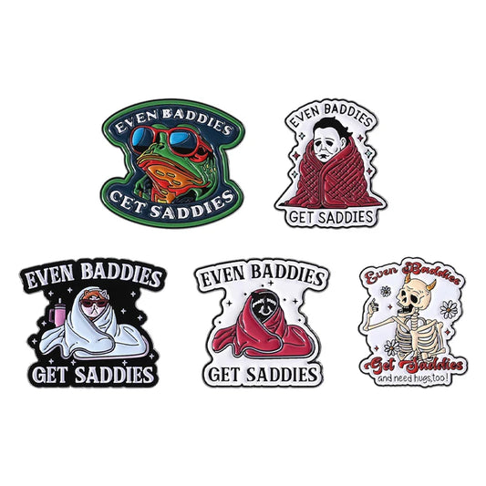 Even Baddies Get Saddies Enamel Pins Funny Frog Cat Raccoon Horror Brooches Lapel Badge Gift