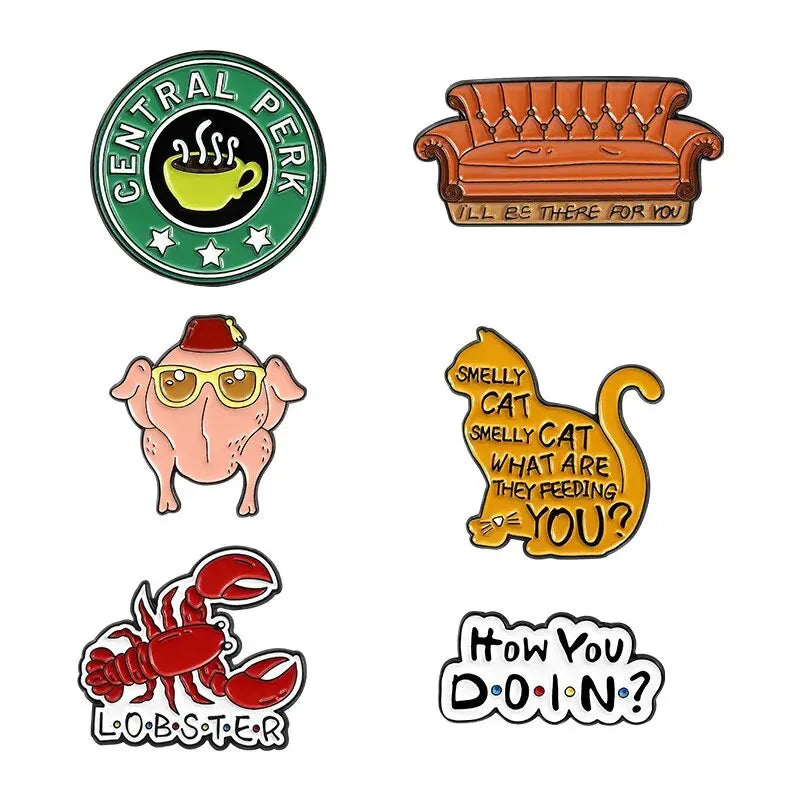 Friends Enamel Pin Set: Smelly Cat, Sofa, Lobster, Turkey Brooch Lapel Badge Gift