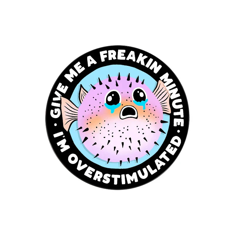 Cartoon Pufferfish Enamel Pin Overstimulated Brooch Lapel Badge Gift