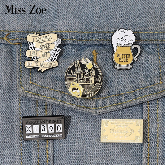 Magic World Enamel Pins Custom Train Tickets Sunglasses Howler Brooches Lapel Badges Witch Wizard Jewelry Gift for Kids Friends