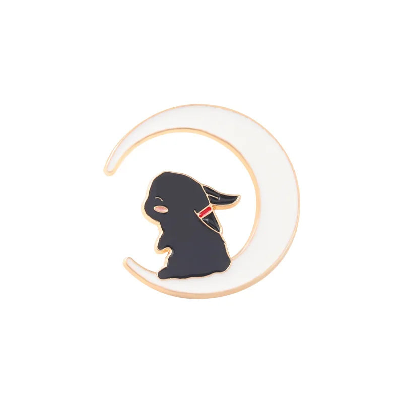 Moon Enamel Pins Black Orange Crescent Cat Rabbit Brooch Astronomy Lapel Jewelry Gift