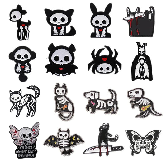 Skeleton Cat Dog Enamel Pins Spider Rabbit Dinosaur Brooches Lapel Backpack Badge Jewelry Gifts