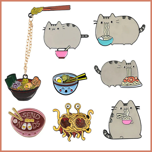 Cartoon Egg Noodle Bowl Cat Brooch Enamel Lapel Pin Jewelry Gift