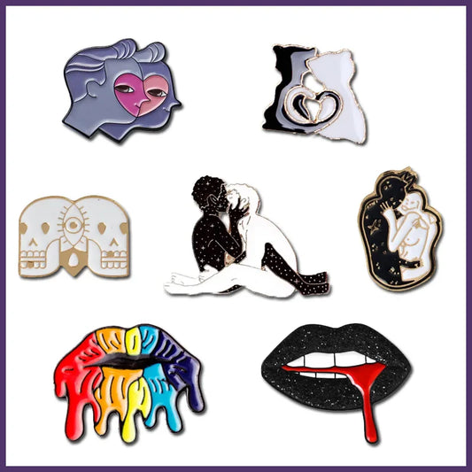 Black White Skeleton Kiss Enamel Brooch Pin Jewelry Gift
