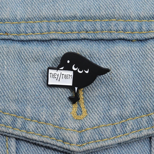 They/Them Pronoun Enamel Pins Cartoon Crow LGBT Pride Brooch Lapel Badge Animal Jewelry Gift
