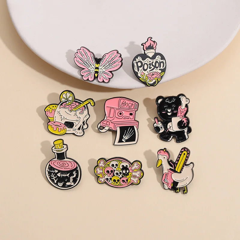 Pink Chainsaw Duck Skull Candy Brooch Badge Lapel Pin for Bags and Clothes