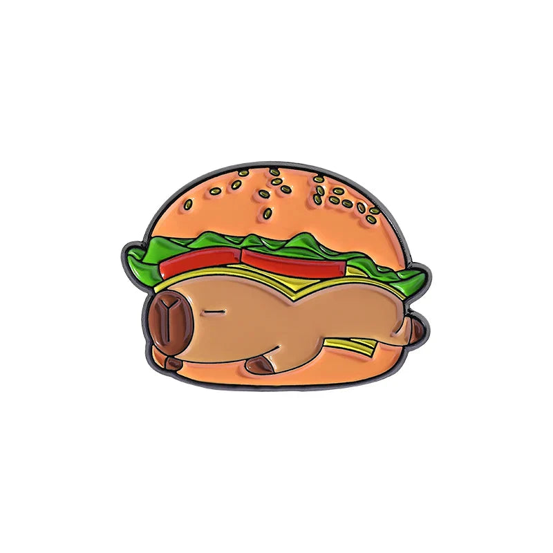 Capybara Hamburger Hippo Enamel Pin Cartoon Brooch Lapel Badge Jewelry Gift