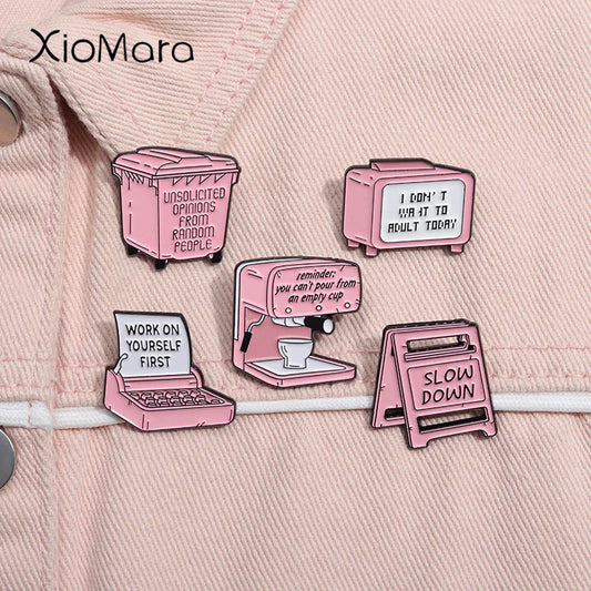 I Don't Want To Adult Today Enamel Pins Pink Coffee Machine TV Brooch Lapel Badge Jewelry Gifts